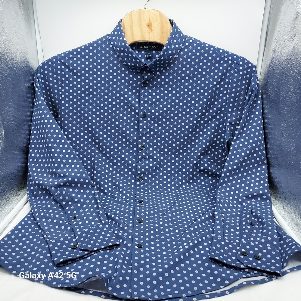 Mizzen + Main Leeward Trim Fit Blue Floral Print Performance Dress Shirt XL